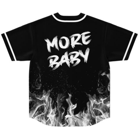 Black rave baseball jersey with white rising flames and More Baby text on back