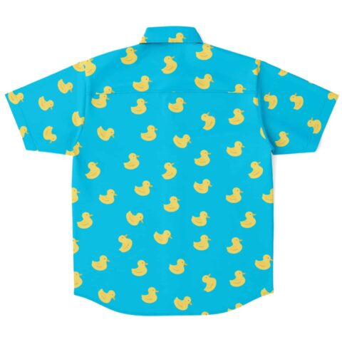 Back view of blue duck pattern button-up shirt