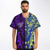 Model front view of purple and yellow psychedelic swirl baseball jersey with button placket