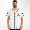 Man wearing white triangle rave baseball jersey with black button placket, front view