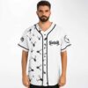 Man wearing white deer skull print baseball jersey with black button placket and SVDDENDEATH logo