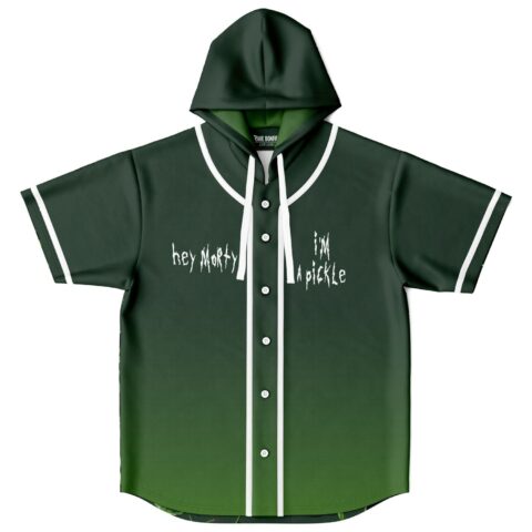 Front view of hooded jersey with green ombre fade and handwritten text hey morty i'm