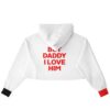 White cropped hoodie featuring bold red text on back