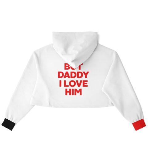 White cropped hoodie featuring bold red text on back