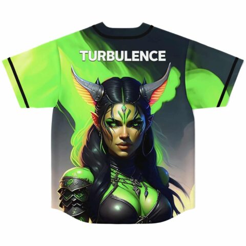 Turbulence horned demoness graphic on green flame baseball jersey back view
