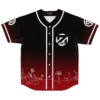 Black to red ombre rave jersey with circular Z logo and flower line art front