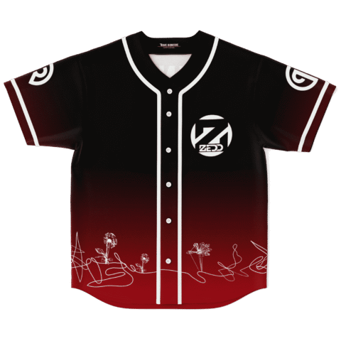 Black to red ombre rave jersey with circular Z logo and flower line art front