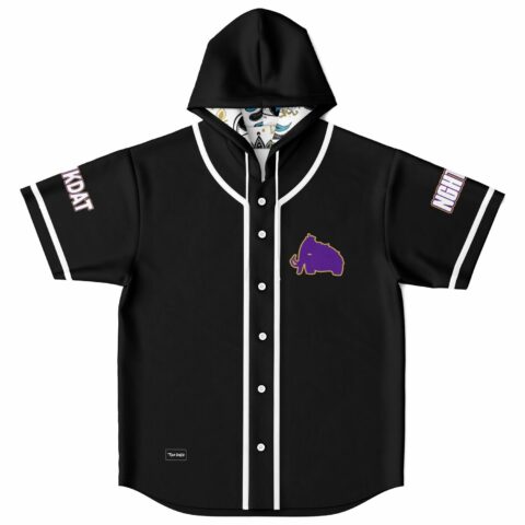 black bass-inspired rave hooded jersey folded flat with purple mammoth logo on chest