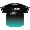Dom Dolla and John Summit text print on back of black teal fade jersey