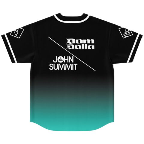 Dom Dolla and John Summit text print on back of black teal fade jersey