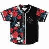 Black rave baseball jersey with red rose and white floral print and X logo