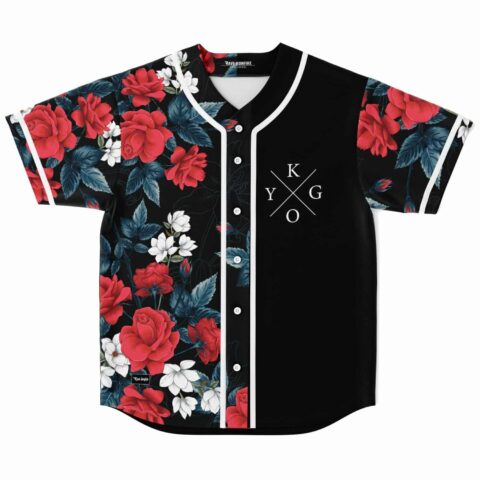 Black rave baseball jersey with red rose and white floral print and X logo