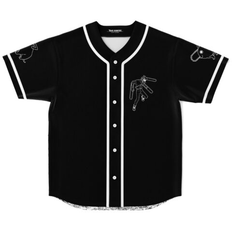 Black line art rave baseball jersey with chainsaw figure in front flat lay