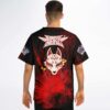Man wears kitsune mask baseball jersey with bass-inspired winged logo, back view