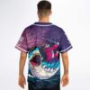 Model wearing crashing ocean rave jersey showing pirate versus shark back graphic