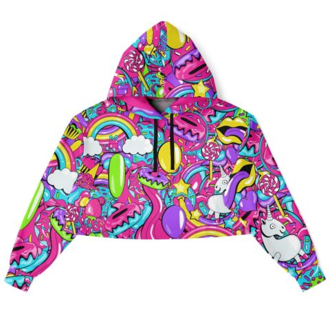 Colorful trippy cropped hoodie with playful cartoon-style patterns