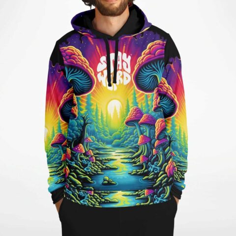 Man wears psychedelic mushroom forest hoodie with glowing sunset river and Stay Weird text