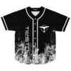 Black-and-white smoky flame pattern with vertical lettering and emblem, flat front view
