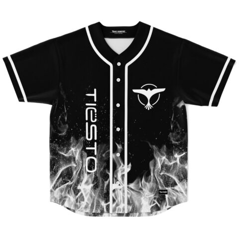 Black-and-white smoky flame pattern with vertical lettering and emblem, flat front view