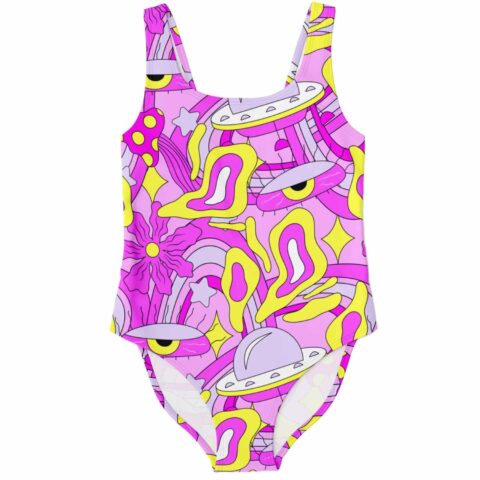 Pink lilac groovy retro space pattern swimsuit with UFOs, flowers, and stars, front view
