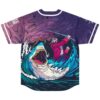 Back view of jersey showing pirate battling giant shark inside a curling wave design