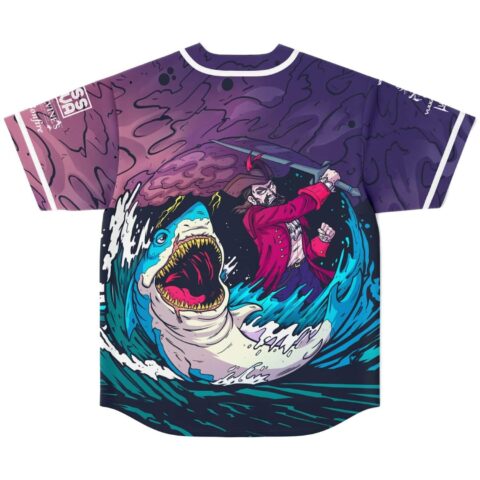 Back view of jersey showing pirate battling giant shark inside a curling wave design