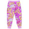 Cartoon flying saucer pattern on pink lilac joggers, back view laid flat on white
