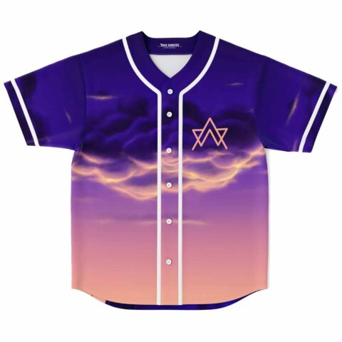 Photographic dusk jersey front view with purple-to-pink sky, clouds, white piping and geometric chest emblem