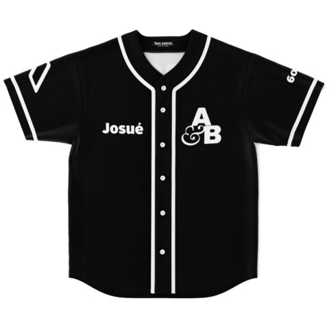 Black baseball jersey with white trim and logo details