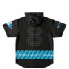 Back view of hooded jersey featuring large number and blue stripes