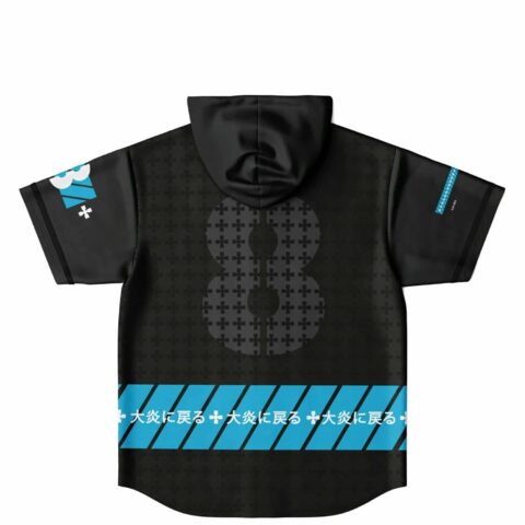 Back view of hooded jersey featuring large number and blue stripes