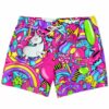 Hot pink neon candy collage trunks show a cartoon unicorn, rainbows, and sweets front view