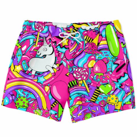 Hot pink neon candy collage trunks show a cartoon unicorn, rainbows, and sweets front view
