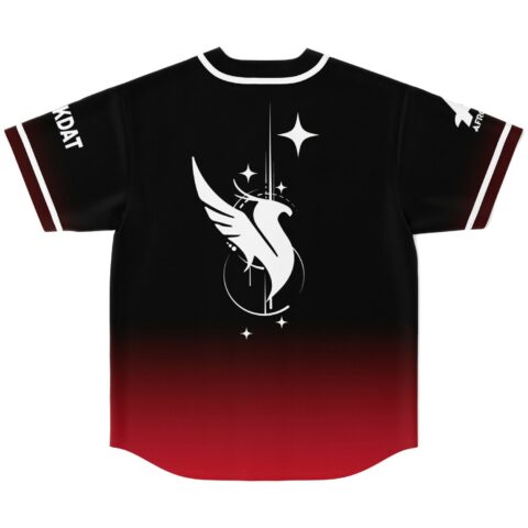 Stylized phoenix and starburst graphic on a black-to-red gradient jersey, back view