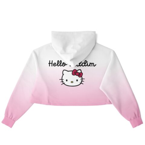 Back view of cropped hoodie featuring cute character and text.