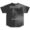 Charcoal flowing curve jersey back with praying hands line art and Dimension text logo