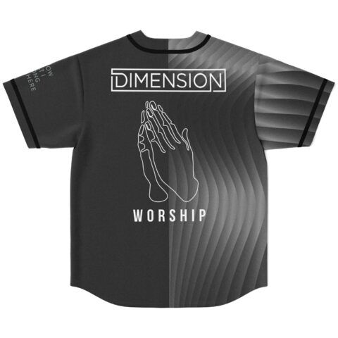Charcoal flowing curve jersey back with praying hands line art and Dimension text logo