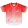 Coral-red gradient front with rainbow emblem, stylized lettering, and red floral line art, shown flat