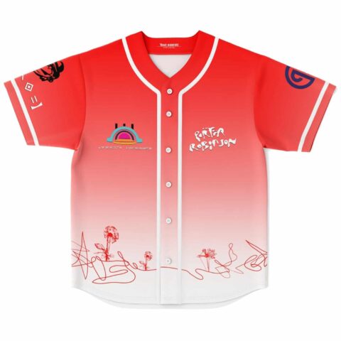 Coral-red gradient front with rainbow emblem, stylized lettering, and red floral line art, shown flat