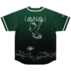 Dark forest jersey back with white soaring bird, decorative lettering, flowers, and flowing botanical linework