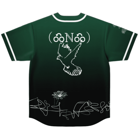 Dark forest jersey back with white soaring bird, decorative lettering, flowers, and flowing botanical linework