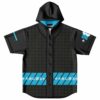 Black hooded baseball jersey with bold blue accents and stripes