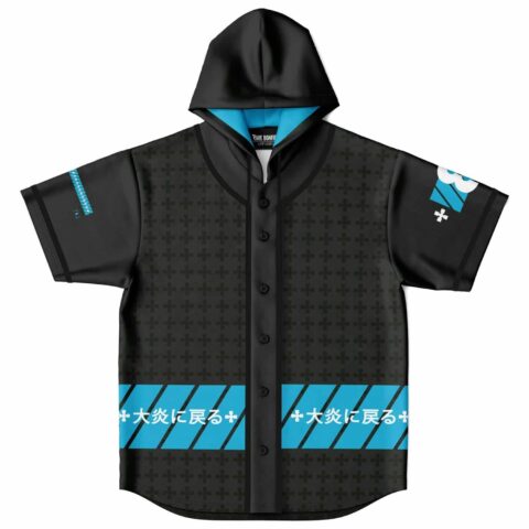 Black hooded baseball jersey with bold blue accents and stripes