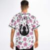 Model showing back of sakura jersey with DABIN lettering and creature logo