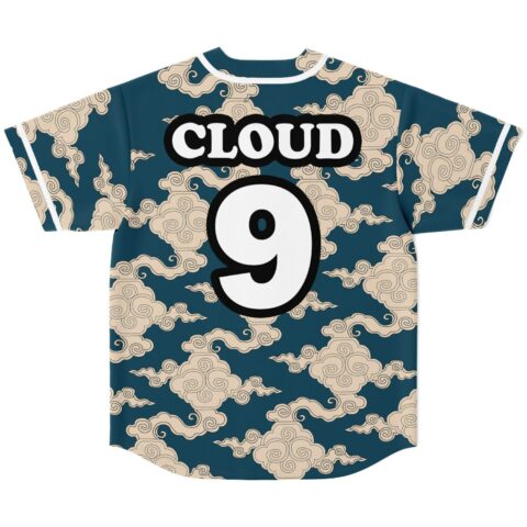 Back view of deep teal cloud swirl pattern featuring readable CLOUD lettering and number 9