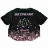 Back view of the black rave cropped baseball jersey with BASS BABE text and lotus graphic