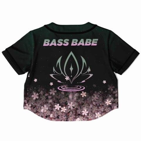 Back view of black cropped jersey with BASS BABE and lotus graphic