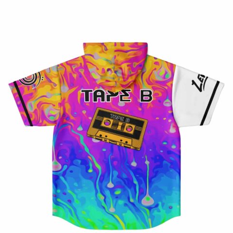 Tape B cassette graphic on melting rainbow hooded jersey back view flat lay