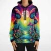 Woman models trippy mushroom forest hoodie with sunrise river and Stay Weird lettering
