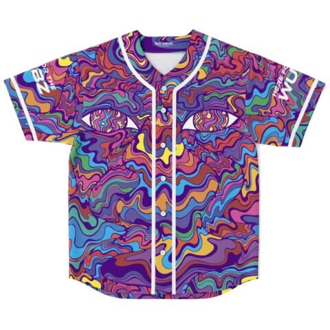 Psychedelic liquid marbled pattern with surreal eyes and white piping, front view